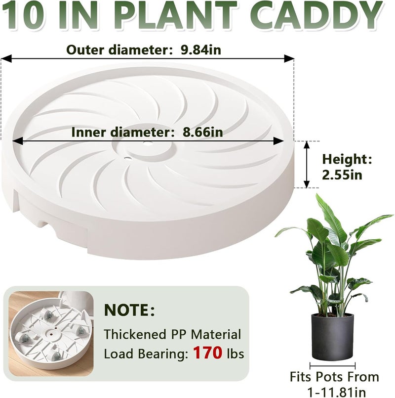 MCleanPin 2 Pack Plant Caddy with Hidden Wheels, 10" Heavy Duty Rolling Plant Stand with Removable Drainage Tray and Silent Casters Round Flower Pot Mover Planter Dolly for Indoor Outdoor White - Image 2